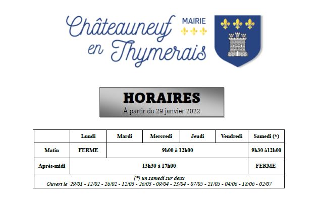 Horaires à compter de janvier 2022